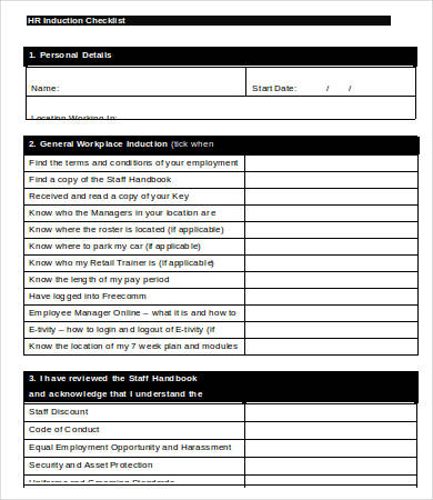 hr induction checklist sample