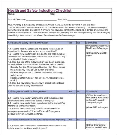health and safety induction checklist