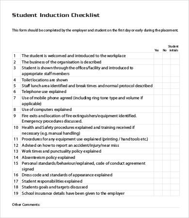 student induction checklist template
