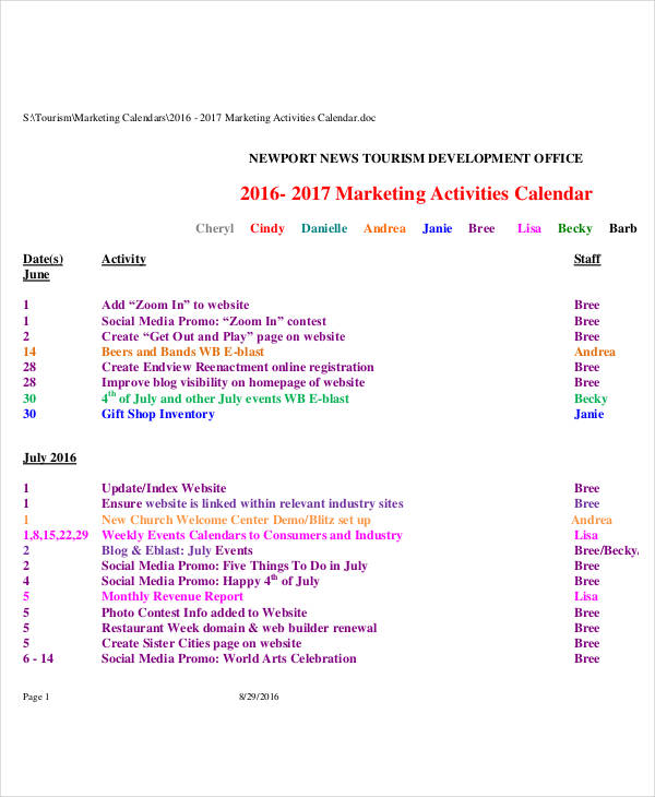 marketing activity calendar template
