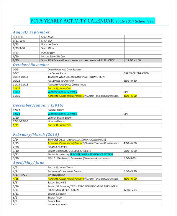 Activity Calendar Template - 12+ Free PDF, Docs, Word Format Download