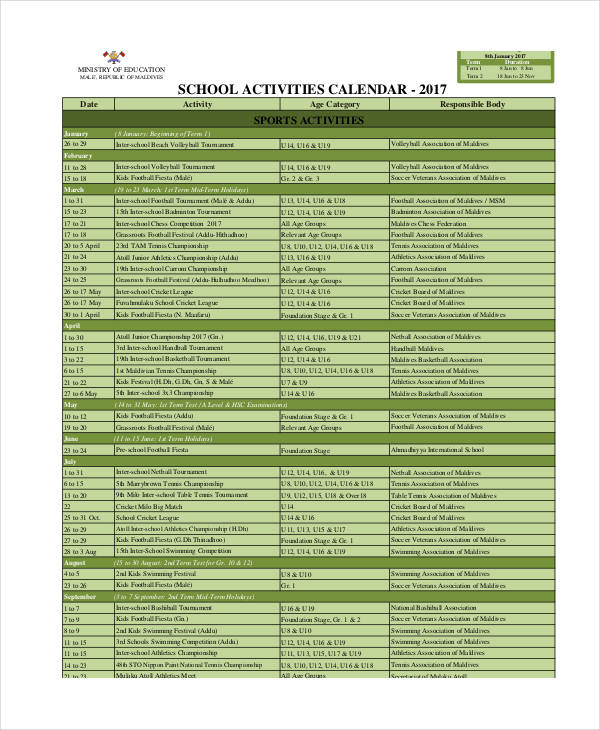 school activity calendar template