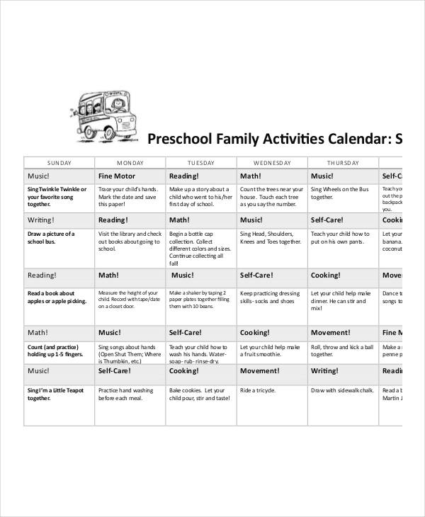 preschool activity calendar