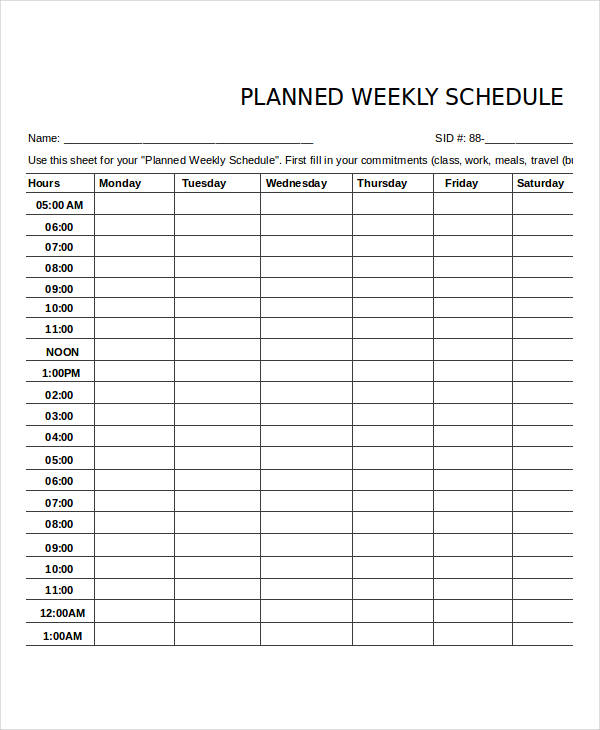 weekly planned schedule template excel