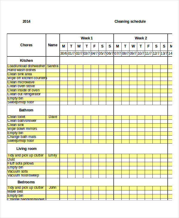 excel weekly cleaning schedule template