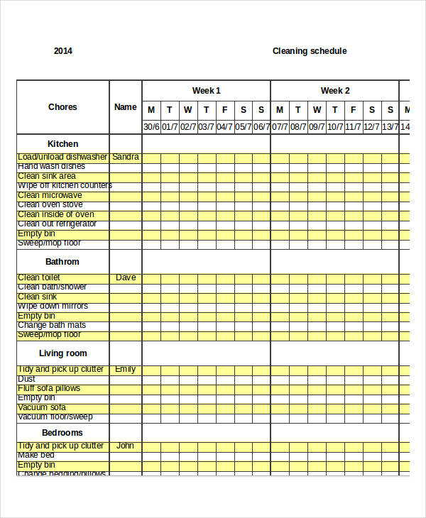 Excel Weekly Cleaning Schedule Template