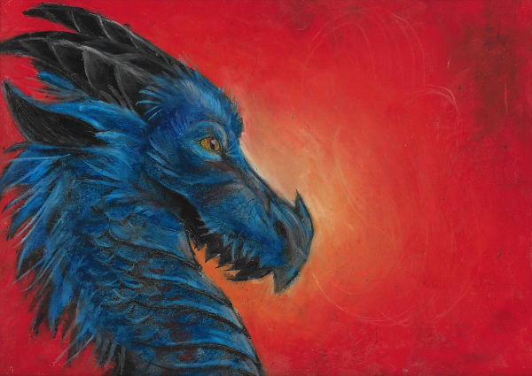 pastel drawing of dark blue dragon