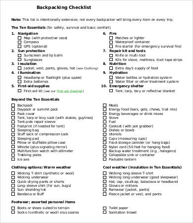 backpacking checklist template