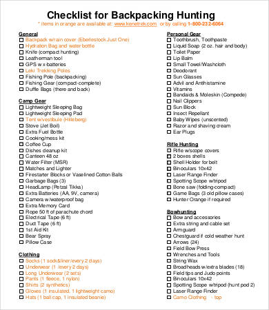 Backpacking Checklist Template - Checklist For Backpacking Hunting