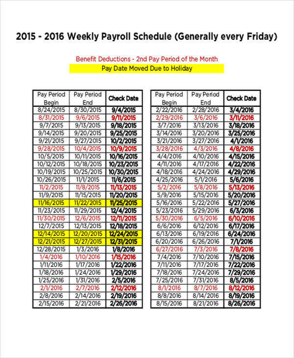 weekly payroll schedule template