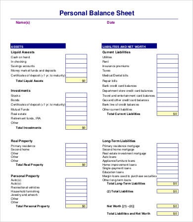 basic personal balance sheet template