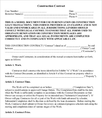 printable construction contract template