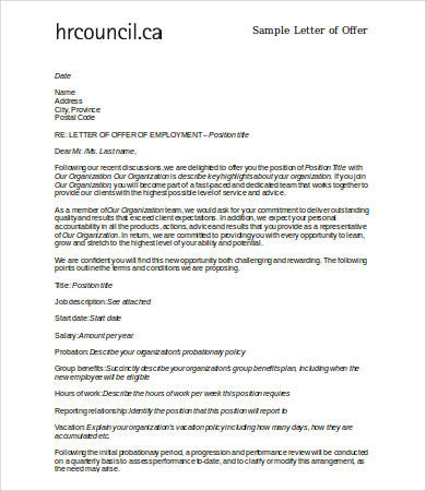 employment offer letter sample