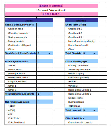 sample personal balance sheet template