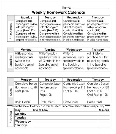 calendar homework template