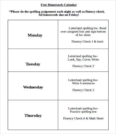 free homework calendar template