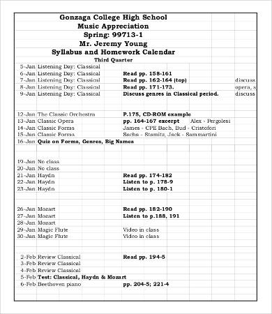 college homework calendar template