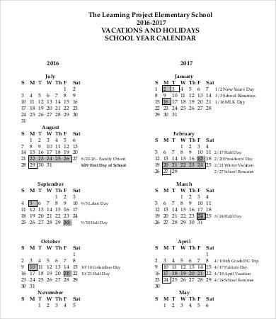 sample project calendar for elementary school
