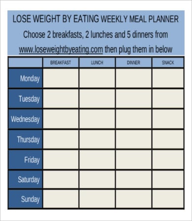 weekly diet meal planner template