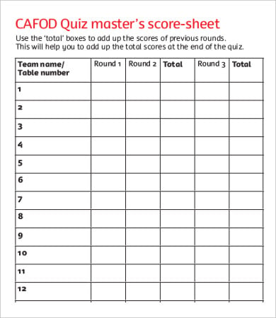 quiz score sheet template