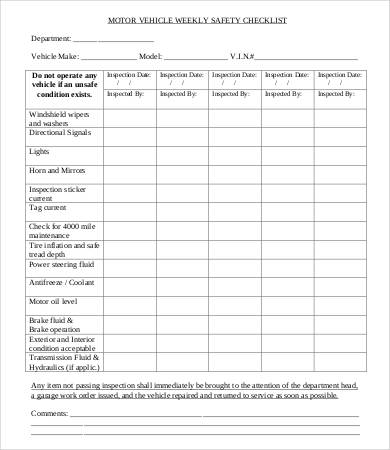 motor vehicle weekly safety checklist