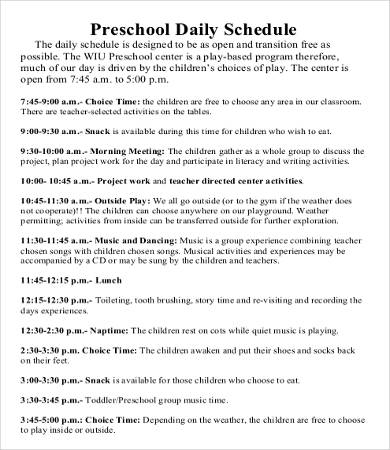 printable preschool daily schedule template