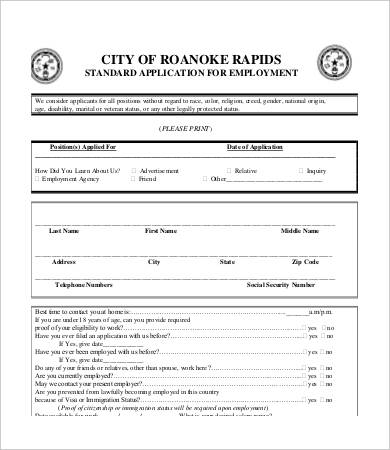 printable standard job application template