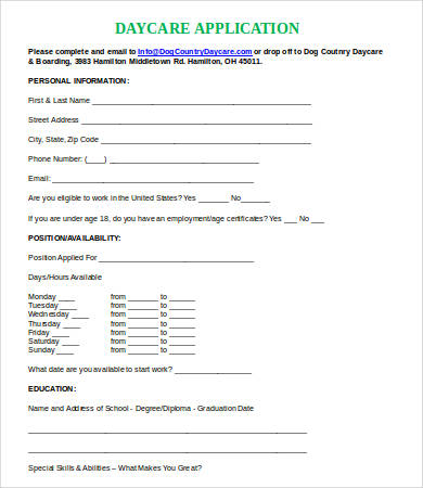 printable daycare job application template