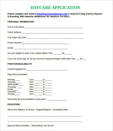 daycare form for application sample Printable 10 Template Job Word, Free PDF  Application