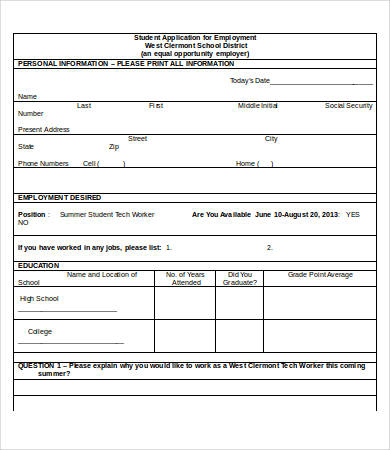 printable student job application template