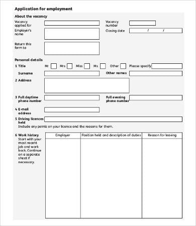 blank application for employment form