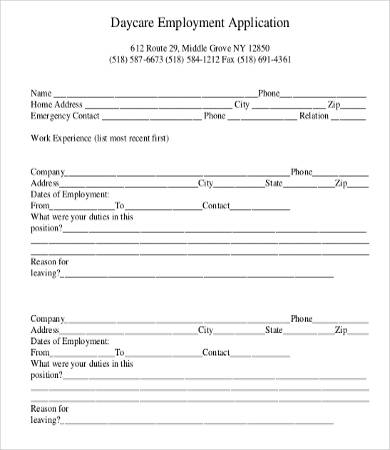 daycare employment application form