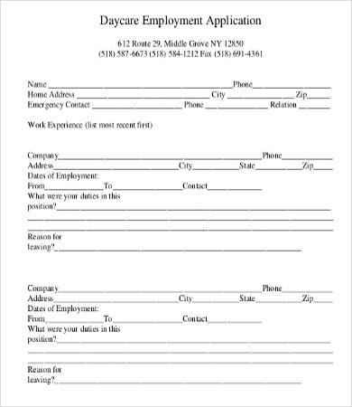 form application sample for daycare PDF 9 Application Form   Free  Employment Word, For