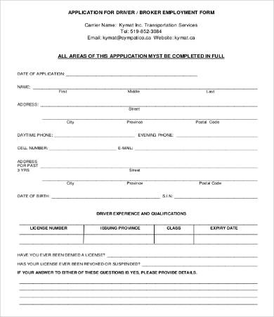 application job driver form for Employment PDF Application For  Form Word, Free 9