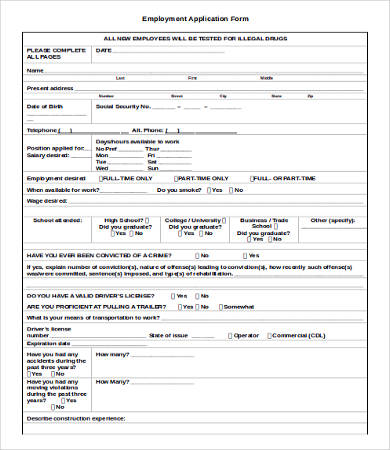construction application for employment form