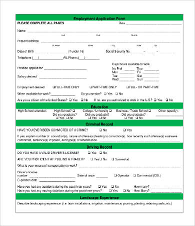 landscape employment application form