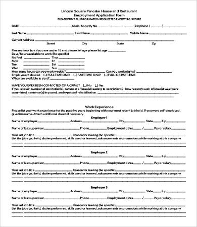 restaurant employment application form