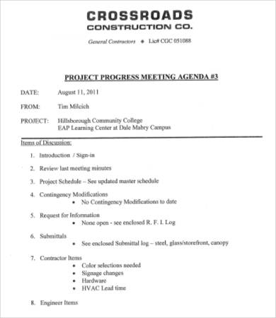 construction project progress meeting agenda template