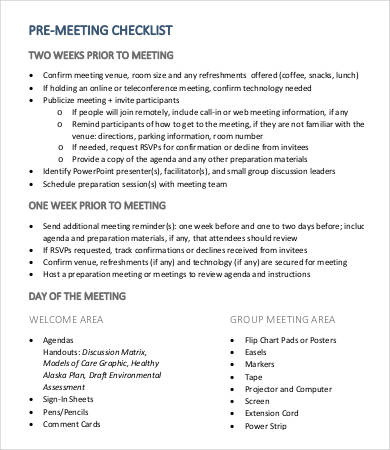 pre meeting checklist template