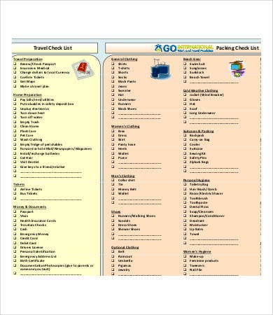 travel packing checklist template