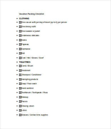 vacation packing checklist template