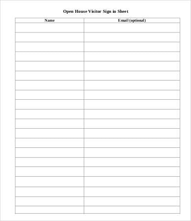 open house visitor sign in sheet