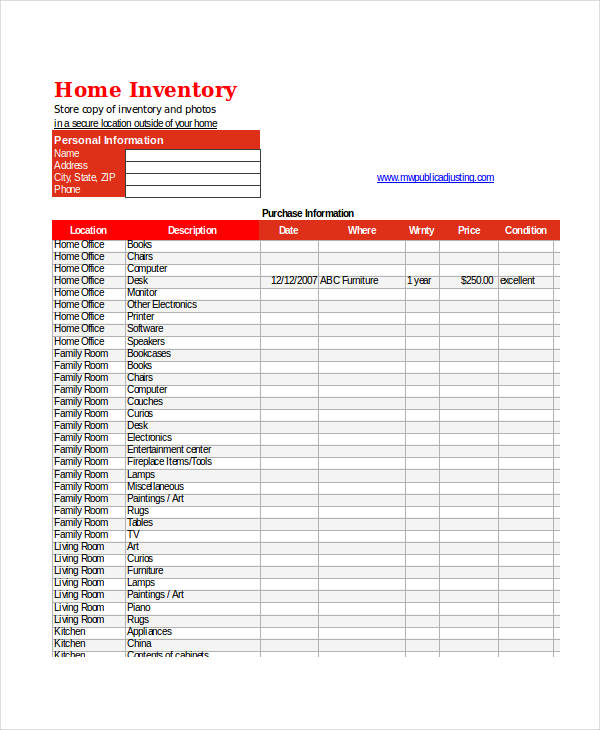 home inventory excel template