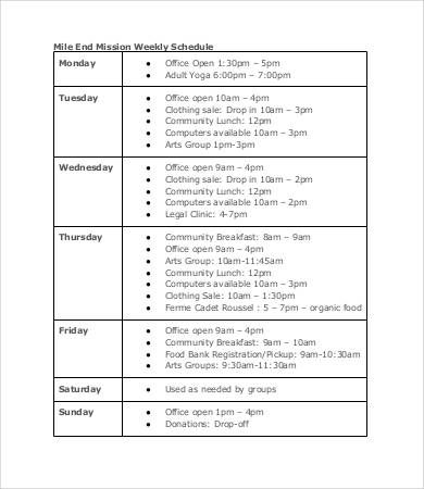 office weekly schedule template