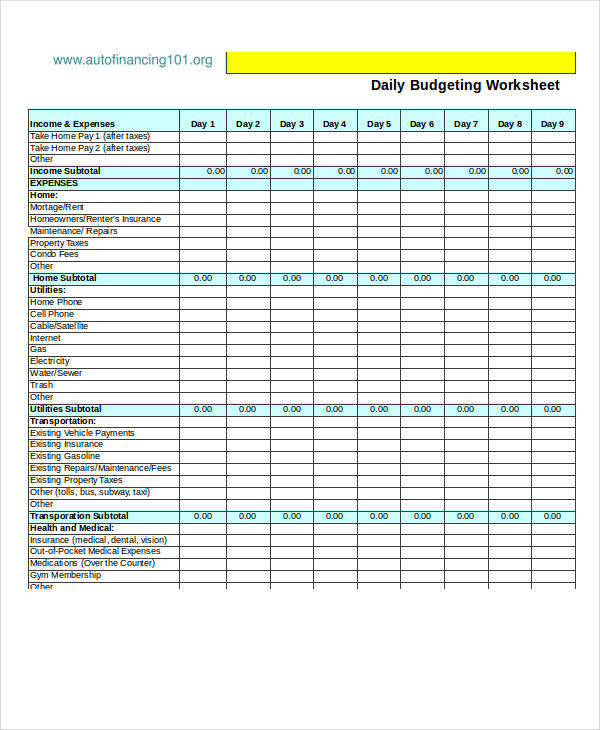 daily home budget template excel