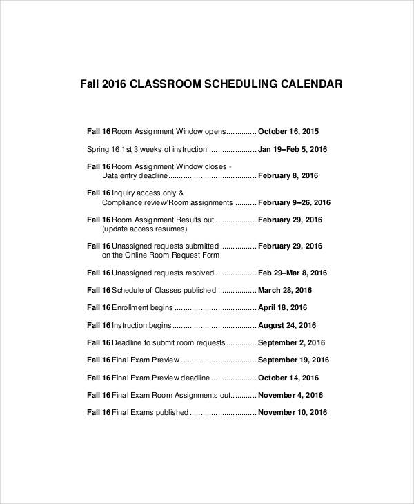 classroom scheduling calendar sample