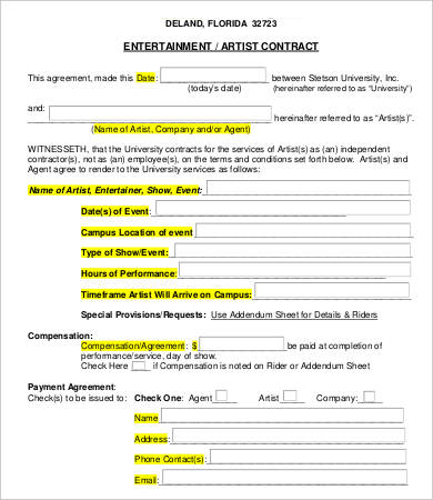 10 Artist Agreement Contract Samples Word Pdf Pages