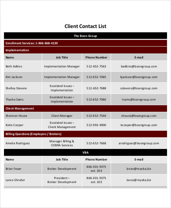 client contact list template