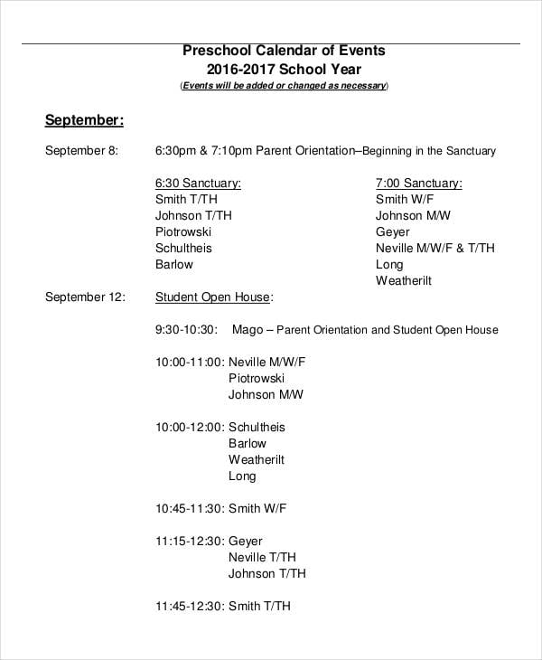 preschool event calendar template