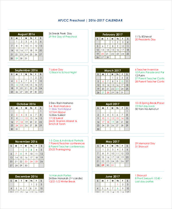 printable preschool calendar template